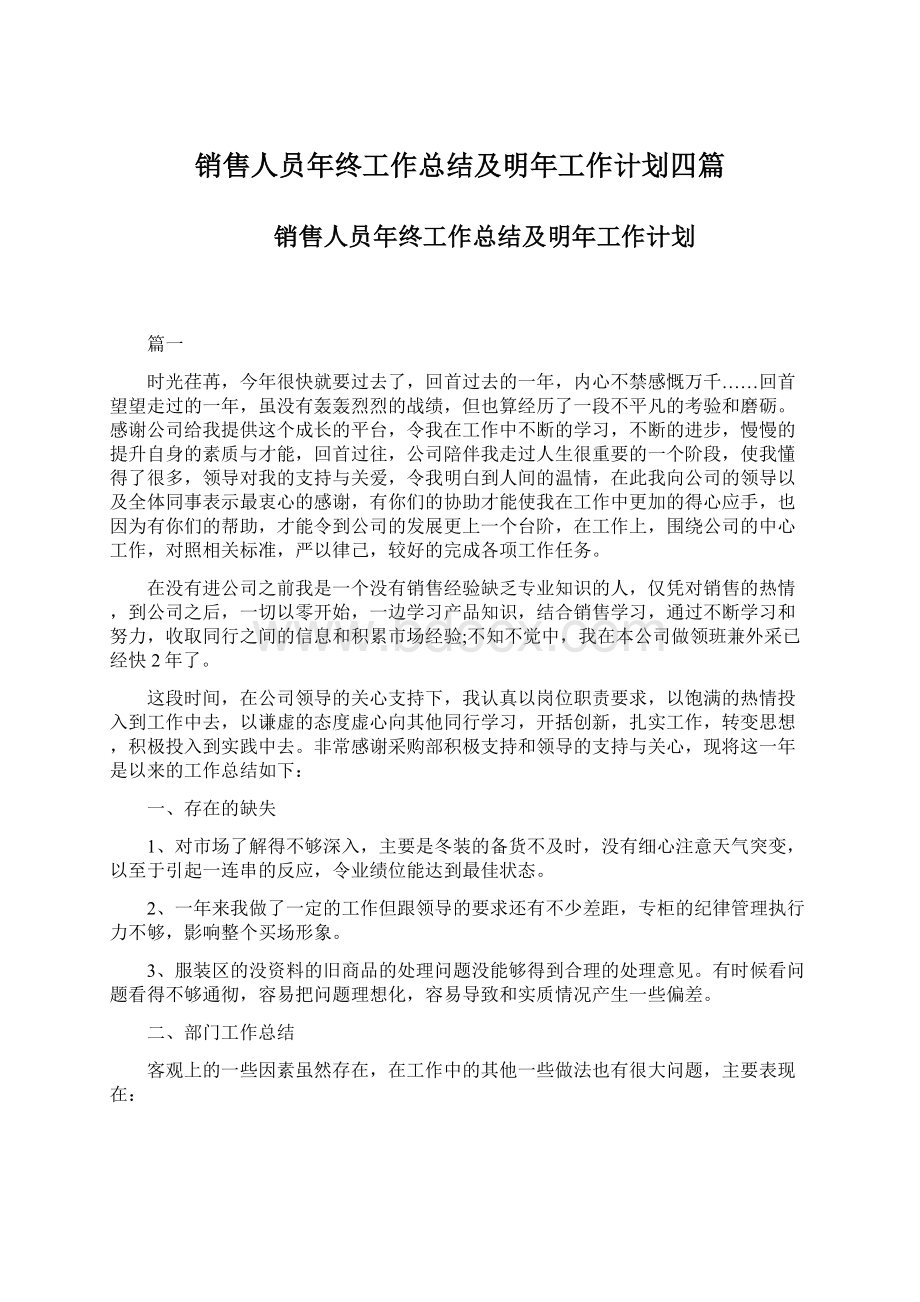 销售人员年终工作总结及明年工作计划四篇Word格式.docx