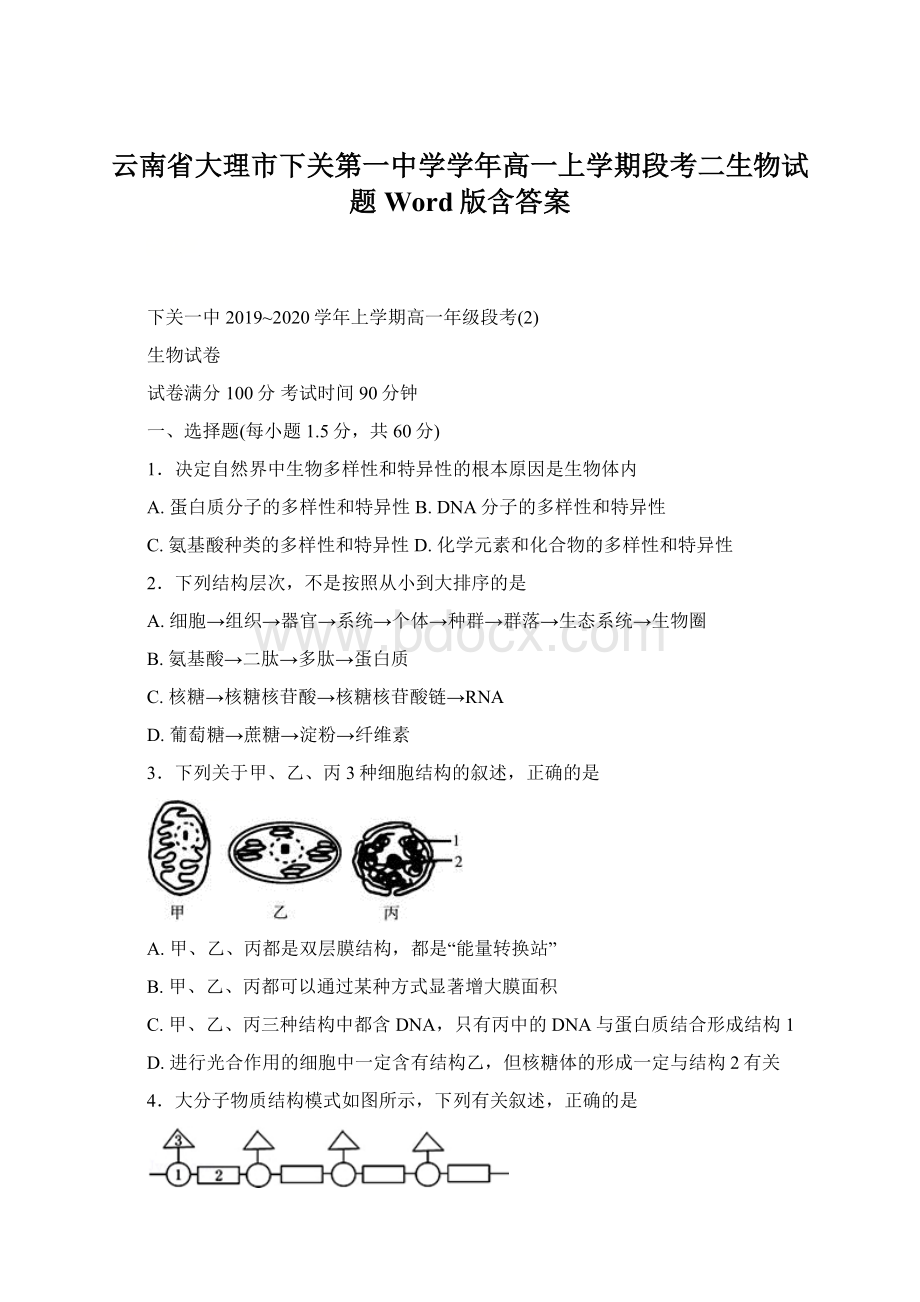 云南省大理市下关第一中学学年高一上学期段考二生物试题 Word版含答案.docx