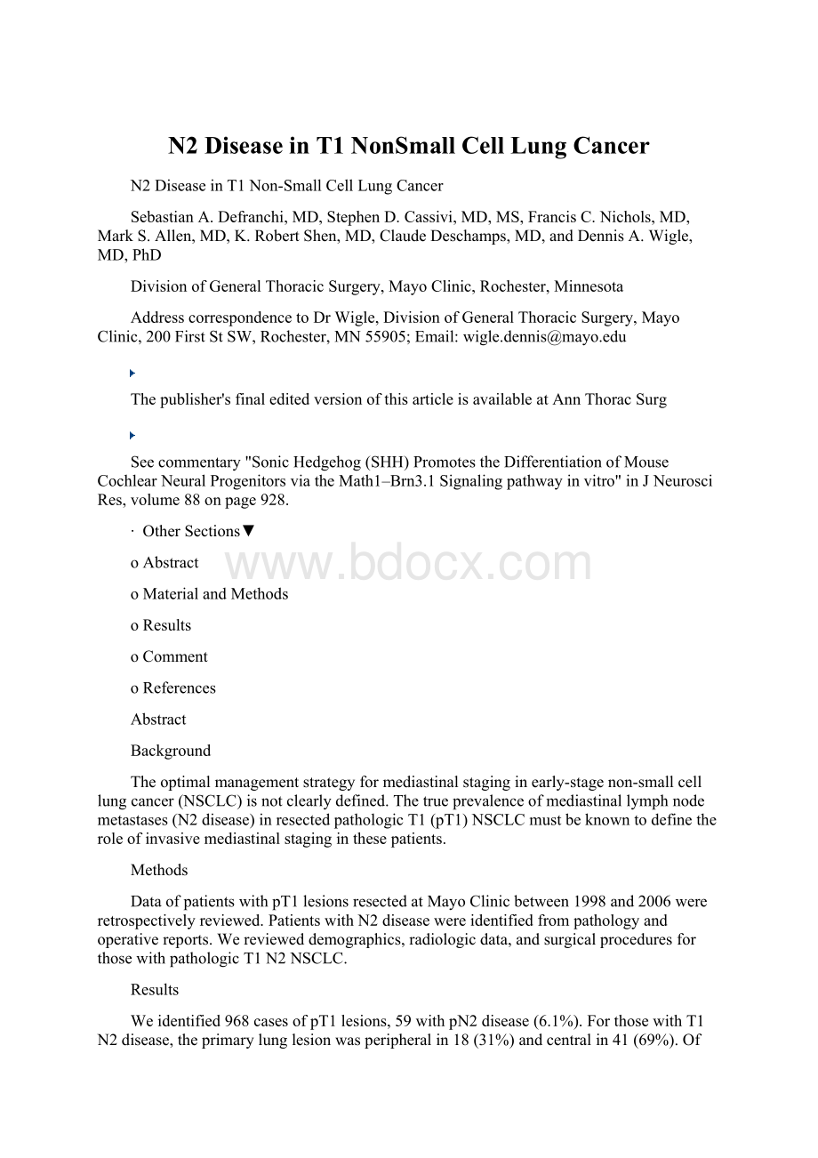 N2 Disease in T1 NonSmall Cell Lung Cancer文档格式.docx_第1页