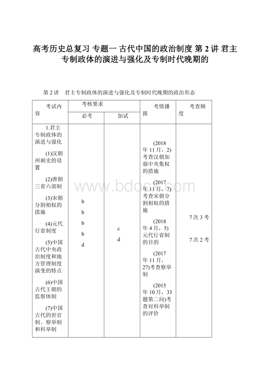 高考历史总复习 专题一 古代中国的政治制度 第2讲 君主专制政体的演进与强化及专制时代晚期的Word下载.docx_第1页