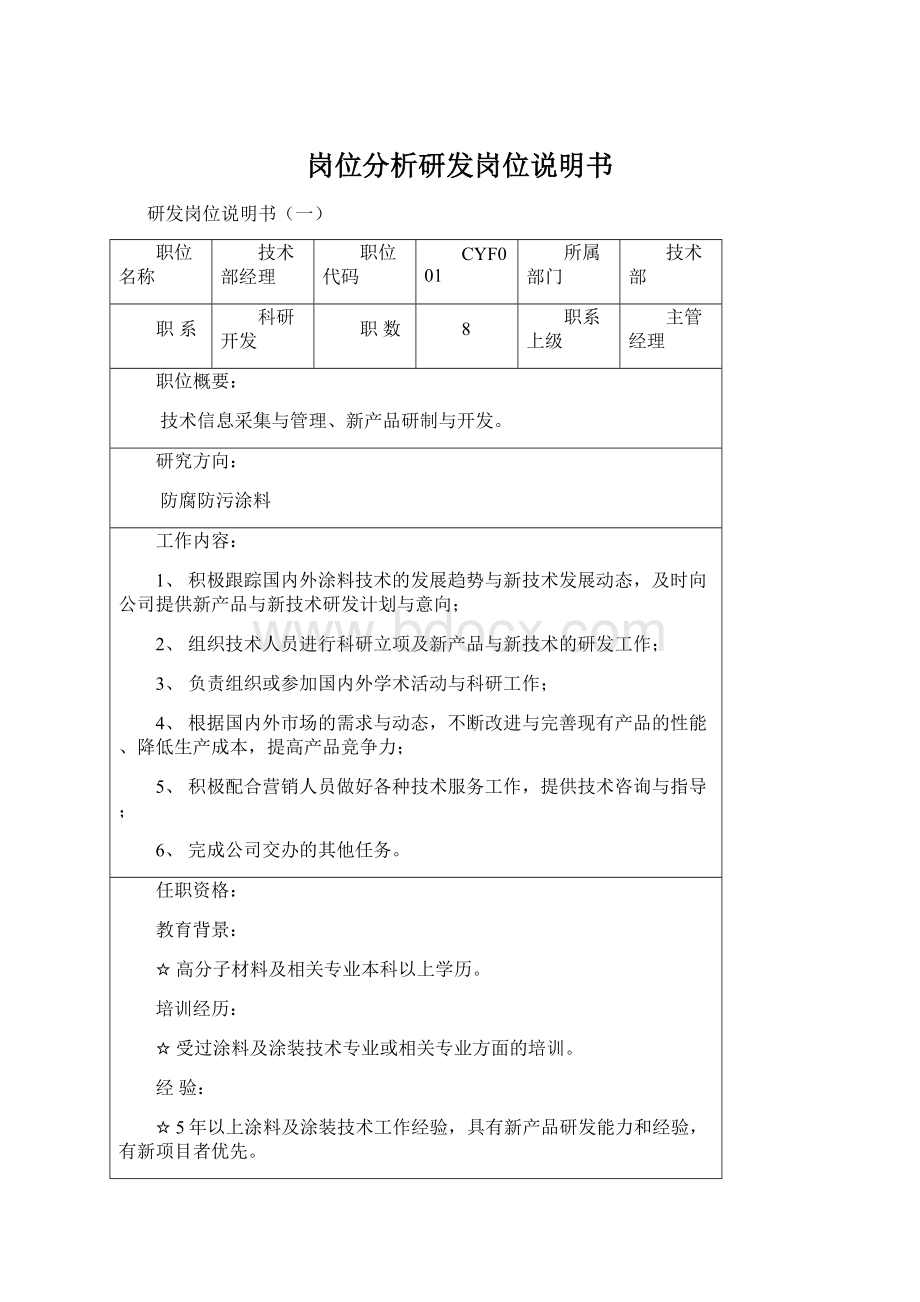 岗位分析研发岗位说明书.docx_第1页