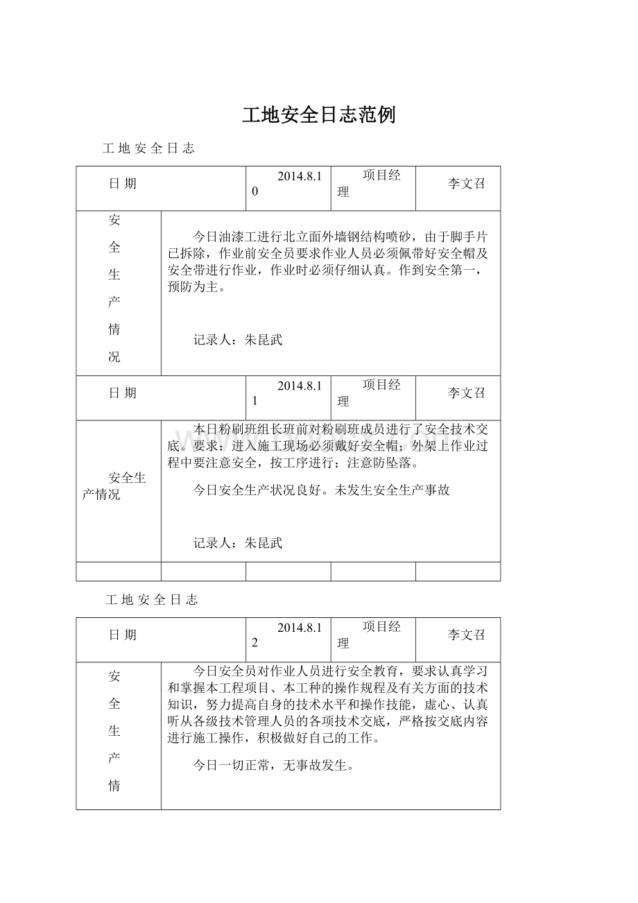 工地安全日志范例.docx_第1页