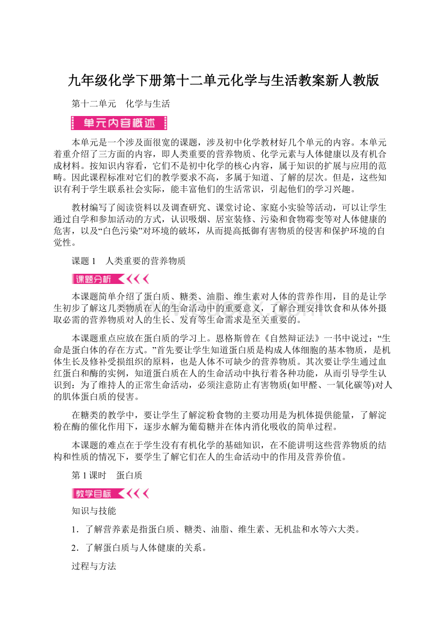 九年级化学下册第十二单元化学与生活教案新人教版.docx