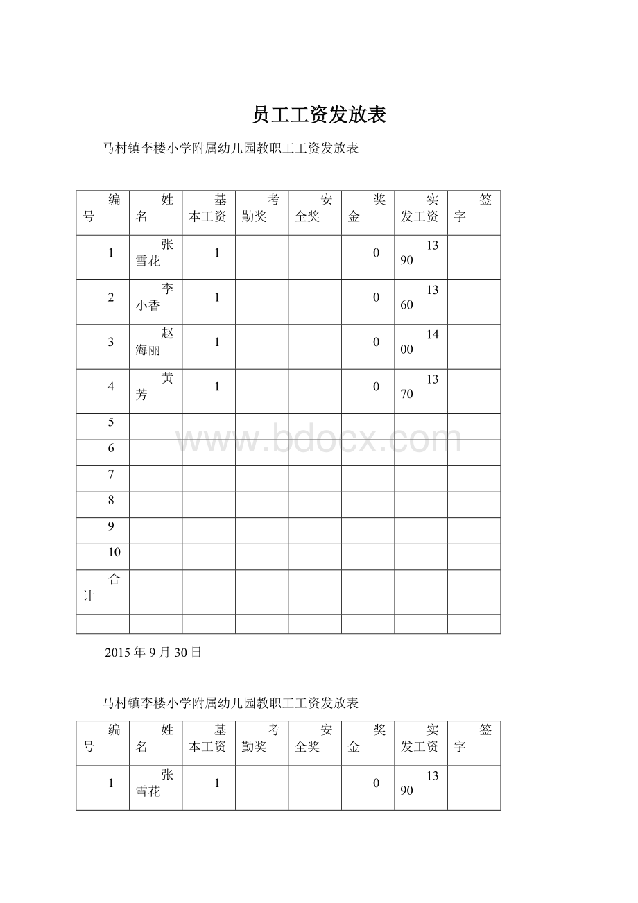 员工工资发放表文档格式.docx