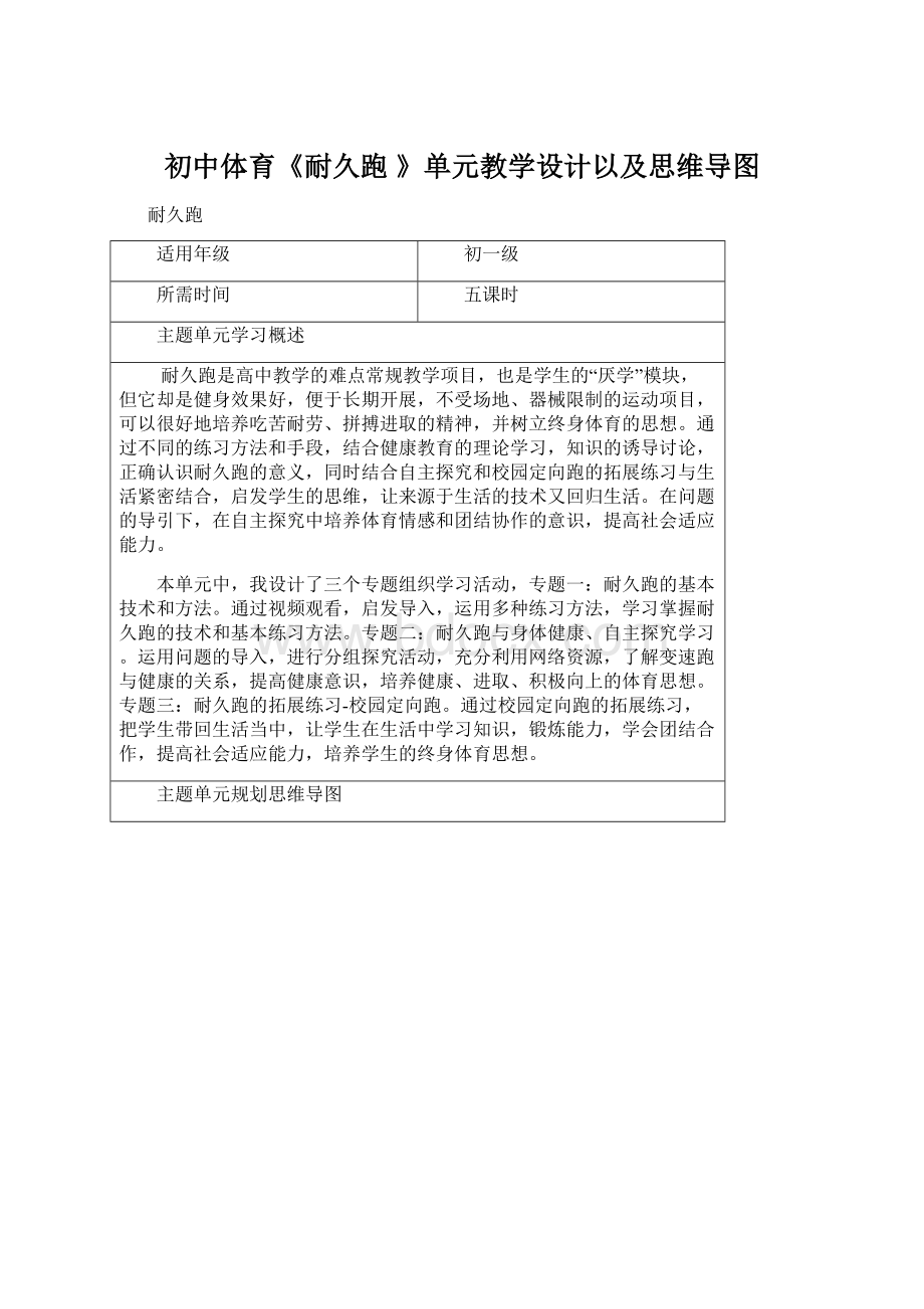 初中体育《耐久跑 》单元教学设计以及思维导图Word格式.docx_第1页