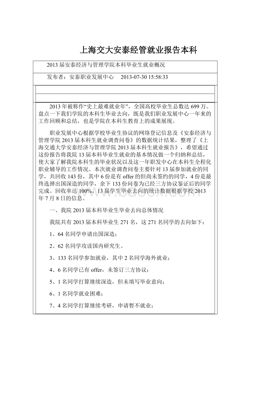 上海交大安泰经管就业报告本科Word文件下载.docx