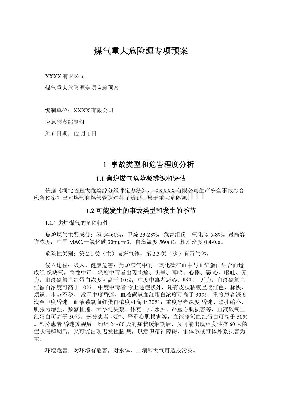 煤气重大危险源专项预案Word文档下载推荐.docx_第1页