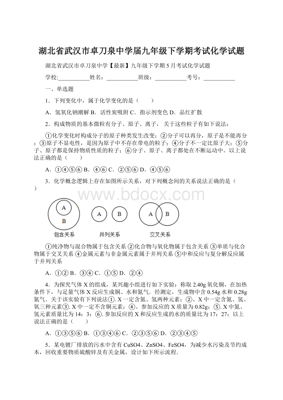 湖北省武汉市卓刀泉中学届九年级下学期考试化学试题.docx_第1页