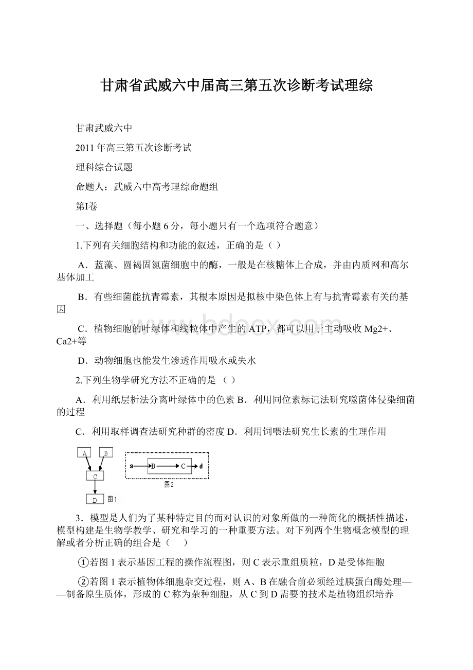 甘肃省武威六中届高三第五次诊断考试理综Word下载.docx_第1页