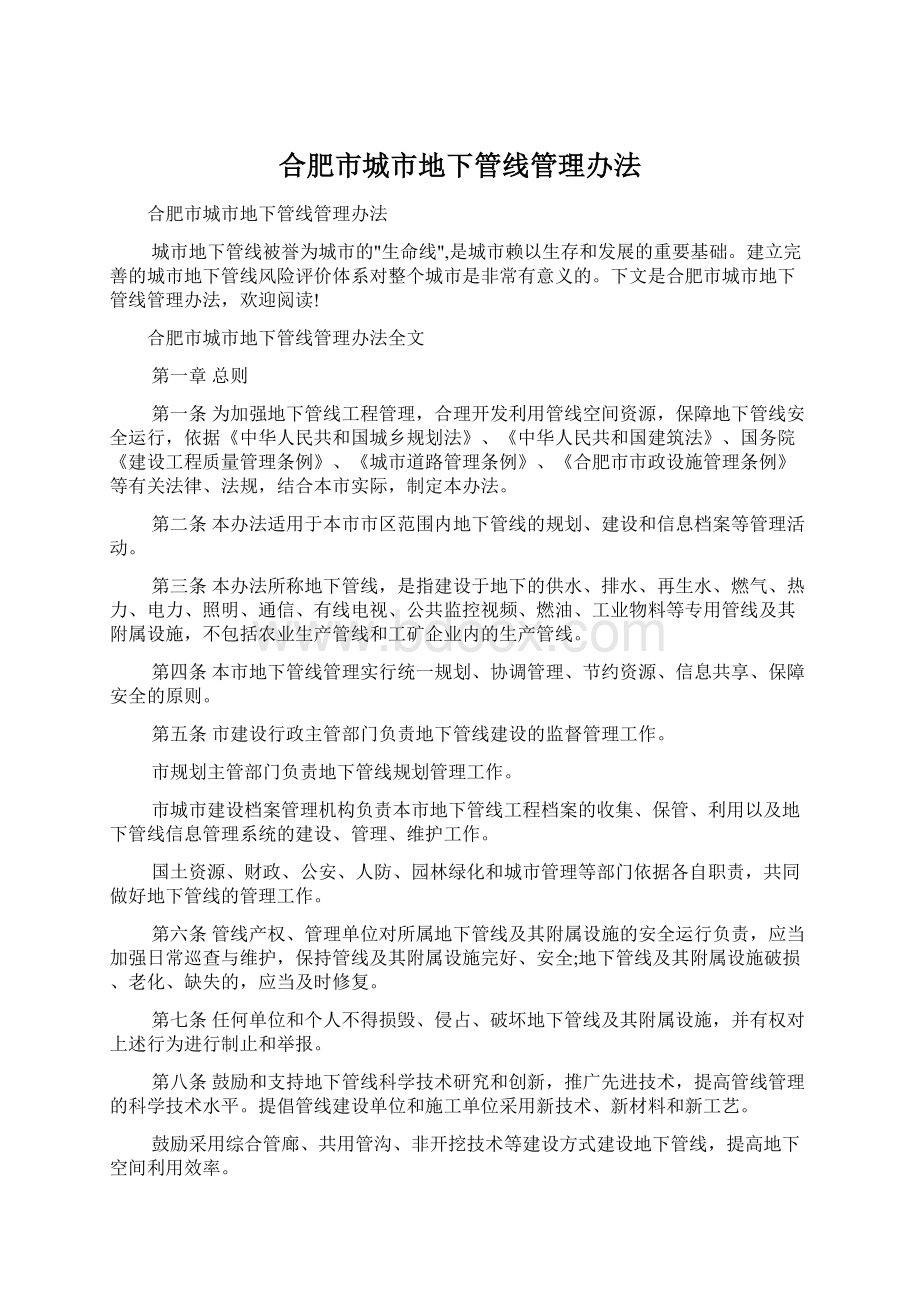 合肥市城市地下管线管理办法Word下载.docx