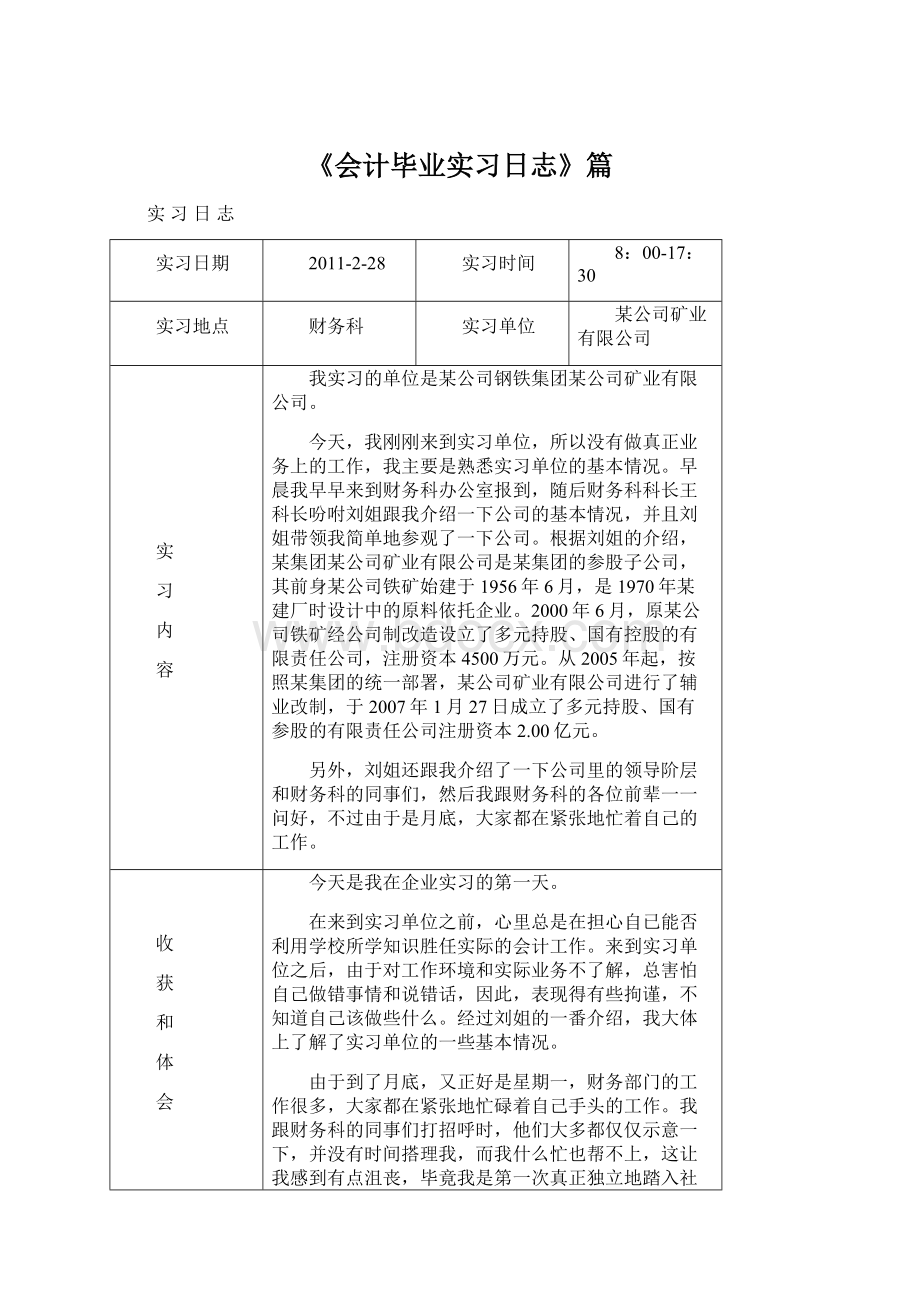 《会计毕业实习日志》篇.docx