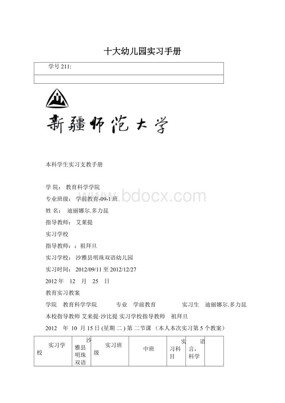 十大幼儿园实习手册Word文件下载.docx