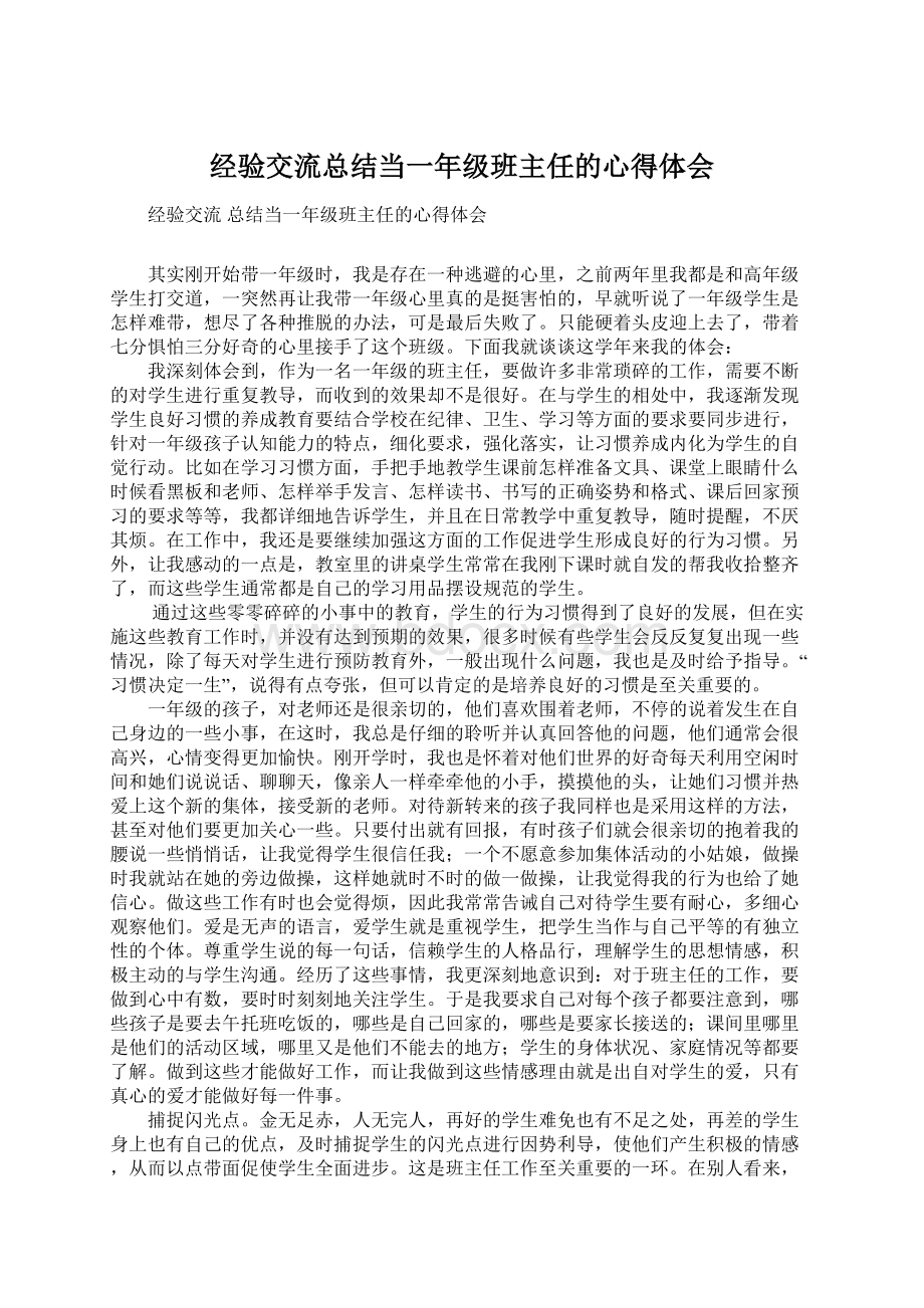 经验交流总结当一年级班主任的心得体会Word文档下载推荐.docx