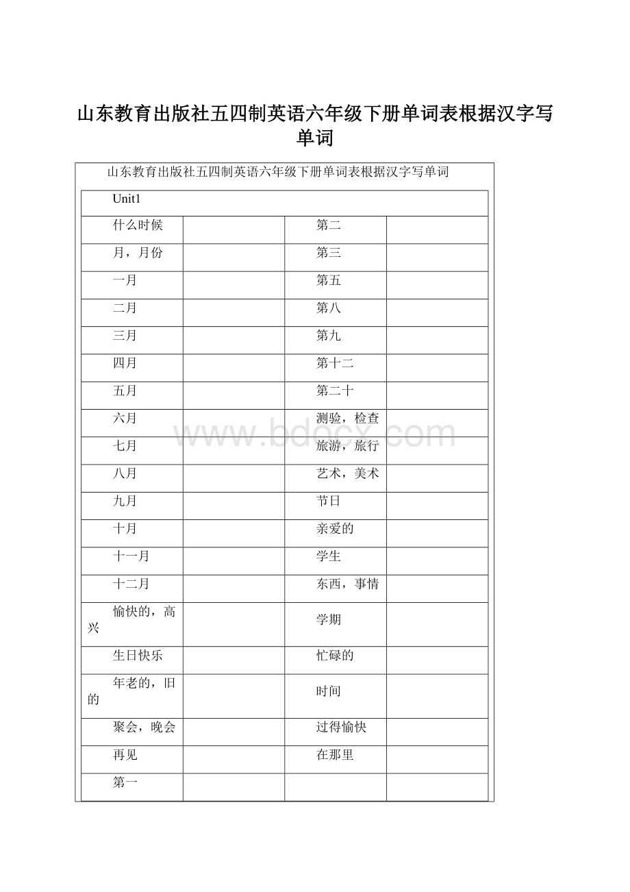 山东教育出版社五四制英语六年级下册单词表根据汉字写单词.docx_第1页