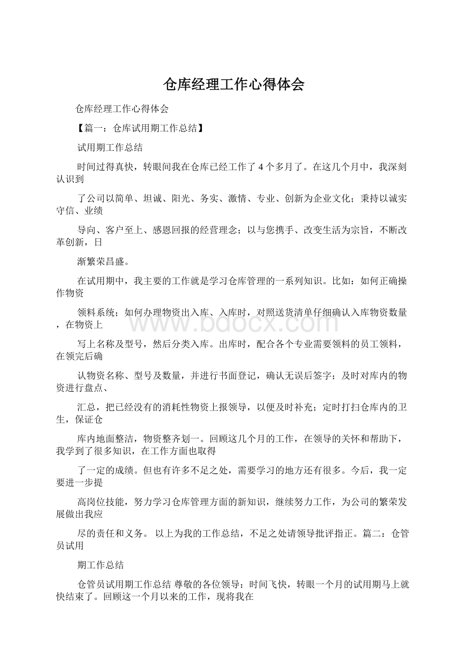 仓库经理工作心得体会文档格式.docx