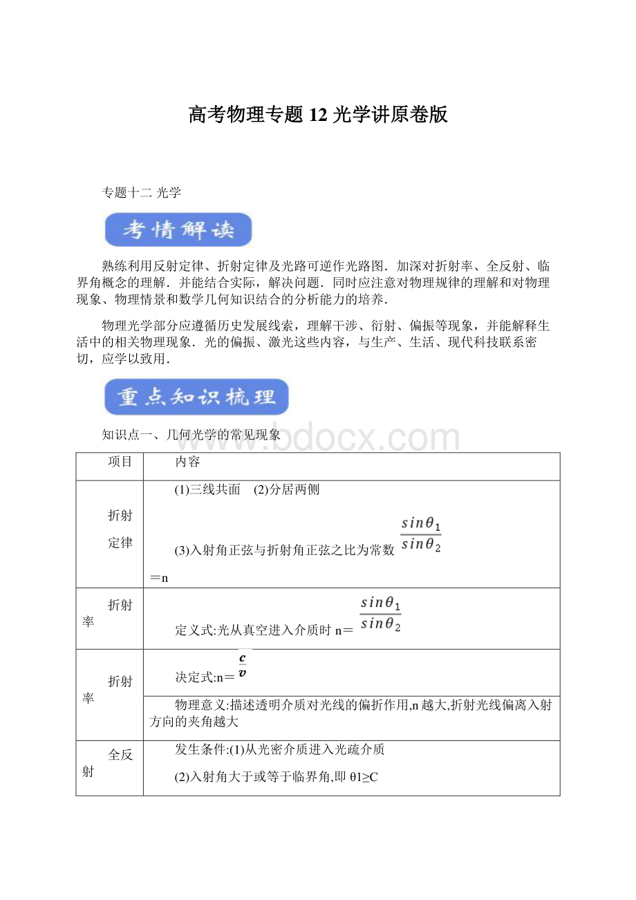 高考物理专题12 光学讲原卷版Word文档格式.docx