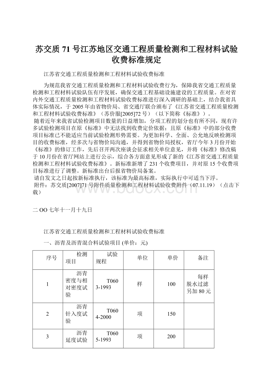 苏交质71号江苏地区交通工程质量检测和工程材料试验收费标准规定Word格式.docx_第1页