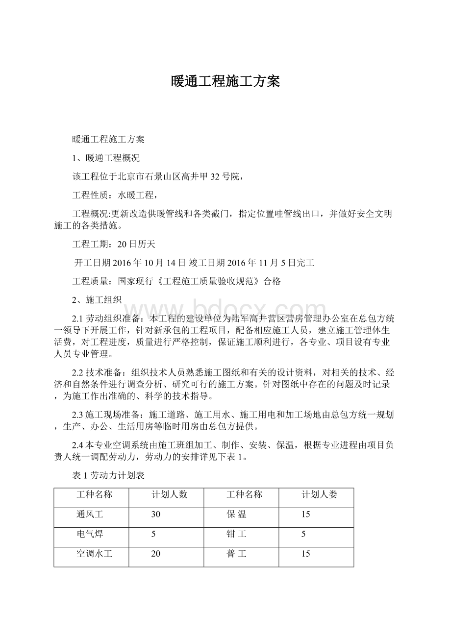 暖通工程施工方案Word格式.docx