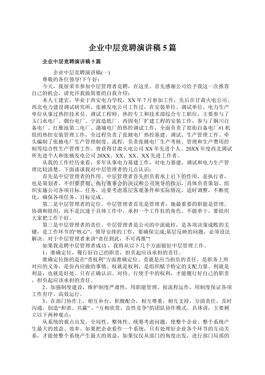 企业中层竞聘演讲稿5篇Word格式文档下载.docx