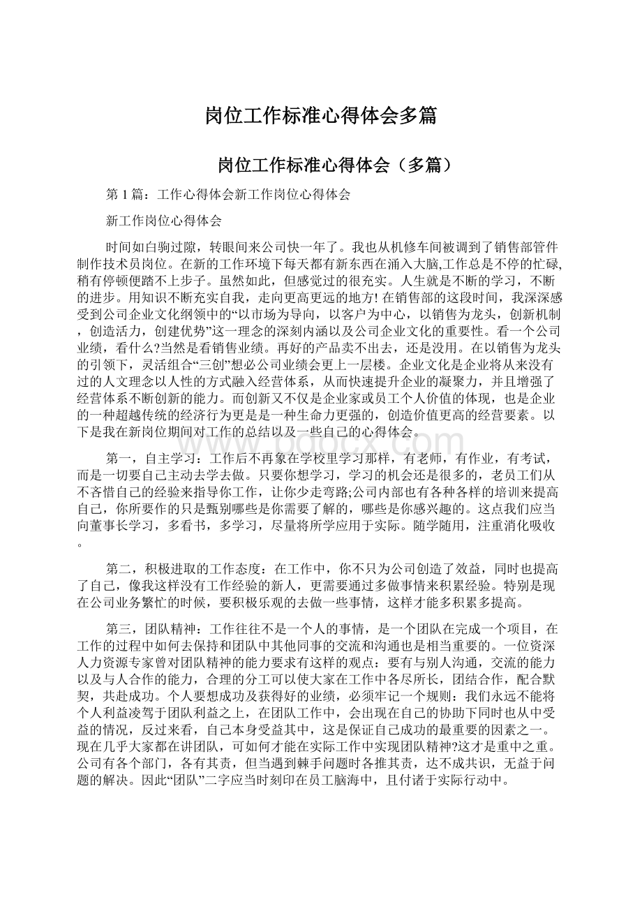 岗位工作标准心得体会多篇Word文档下载推荐.docx