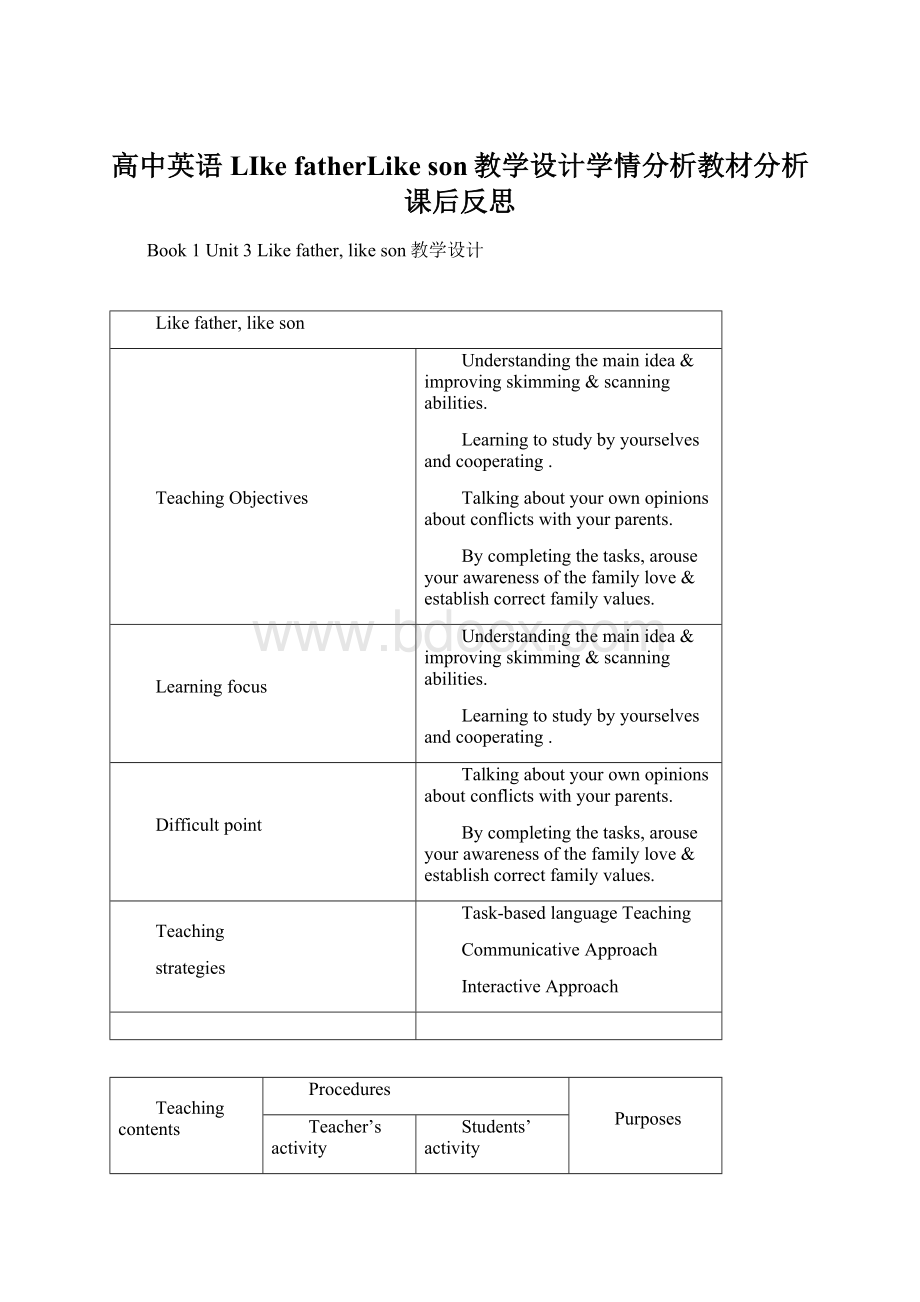 高中英语LIke fatherLike son教学设计学情分析教材分析课后反思Word文档下载推荐.docx_第1页