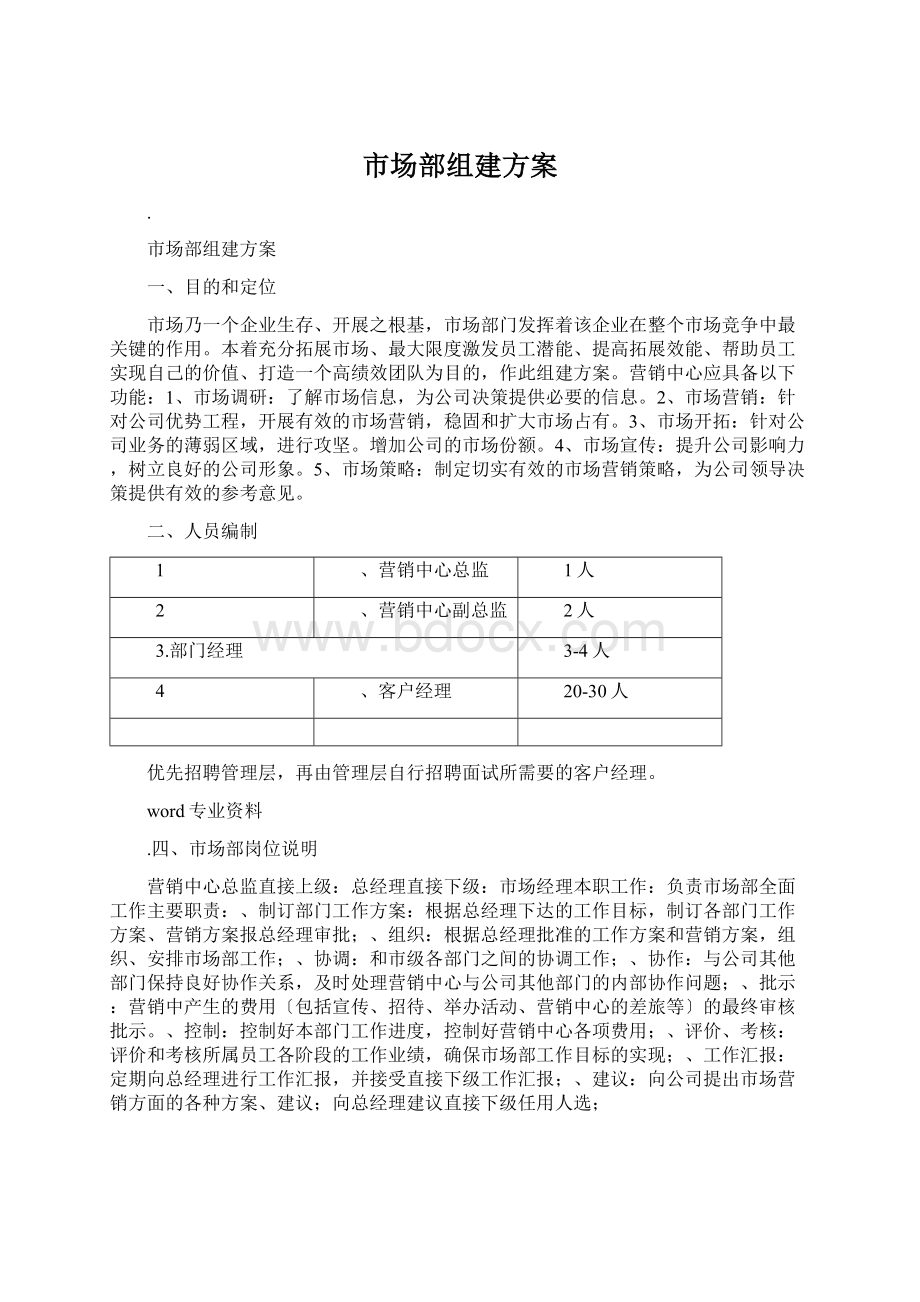 市场部组建方案文档格式.docx