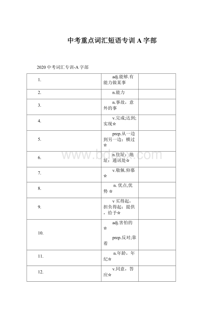 中考重点词汇短语专训A字部Word文档格式.docx