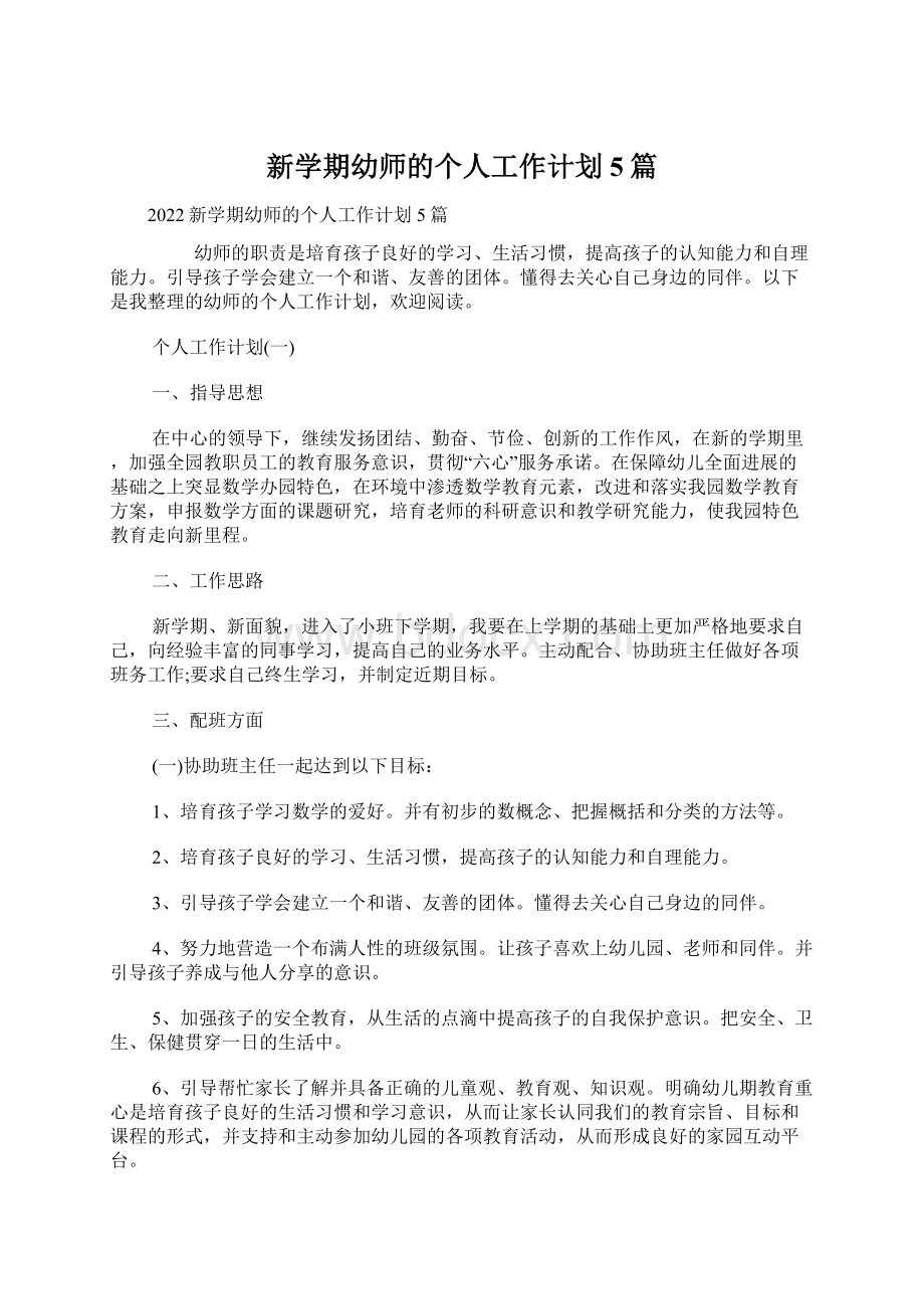 新学期幼师的个人工作计划5篇文档格式.docx_第1页