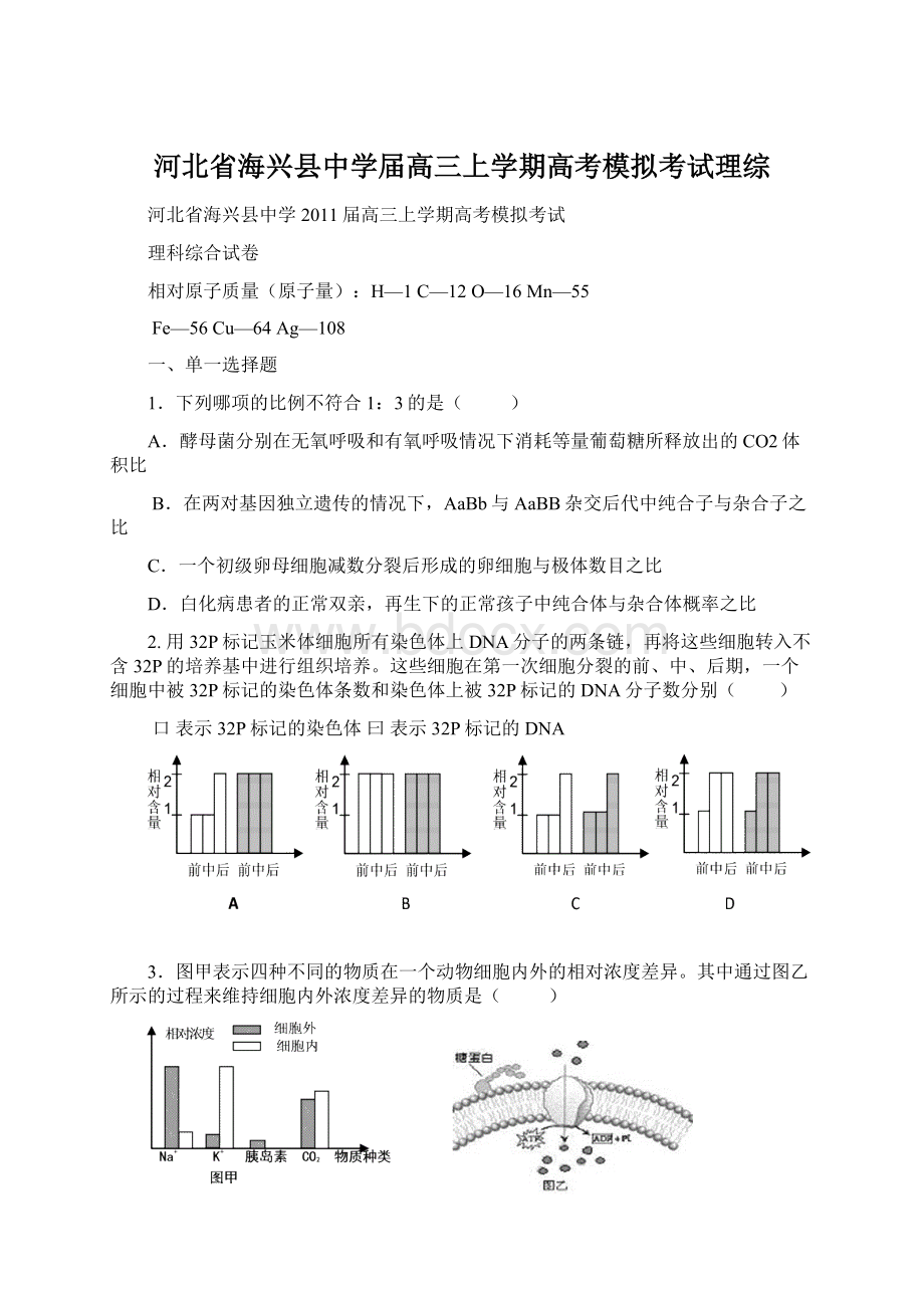 河北省海兴县中学届高三上学期高考模拟考试理综Word下载.docx