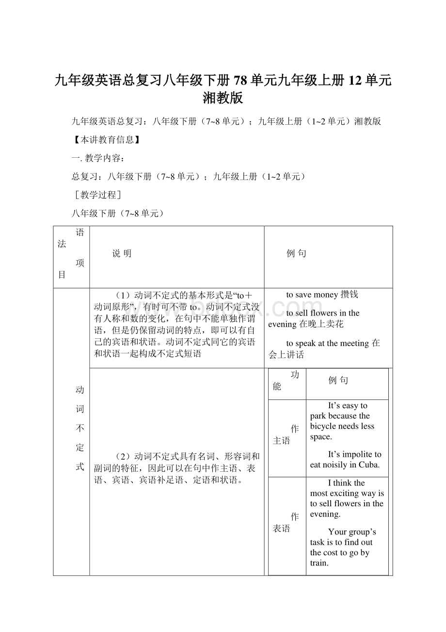 九年级英语总复习八年级下册78单元九年级上册12单元湘教版Word文件下载.docx