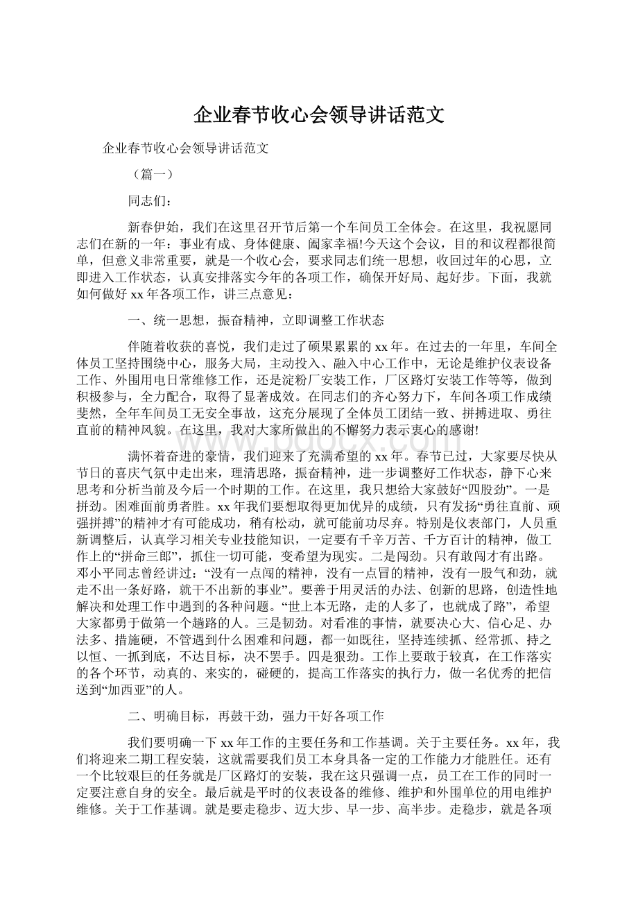 企业春节收心会领导讲话范文.docx_第1页