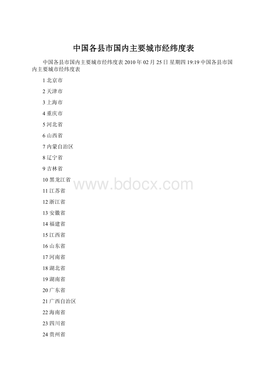 中国各县市国内主要城市经纬度表.docx_第1页