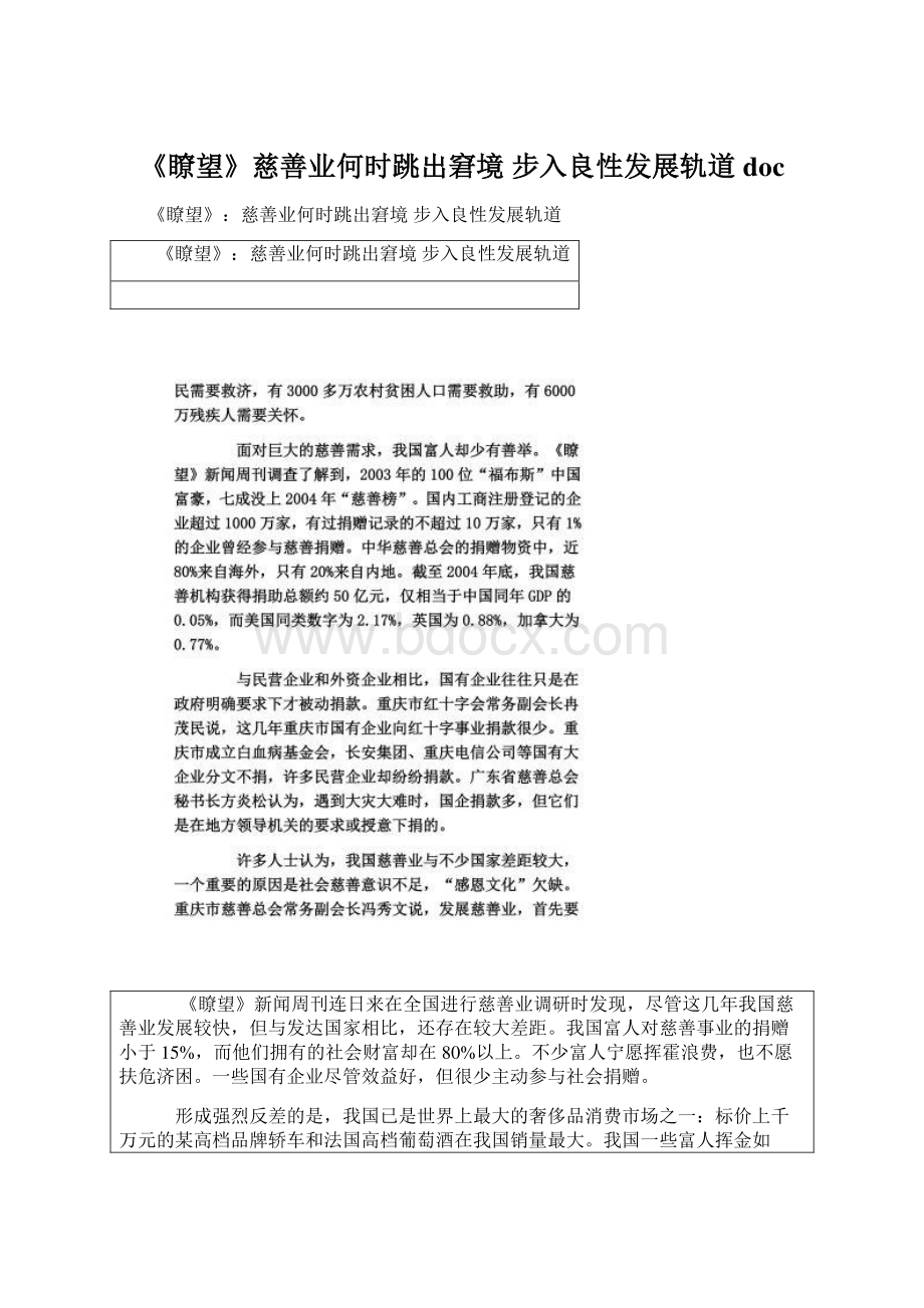 《瞭望》慈善业何时跳出窘境 步入良性发展轨道docWord文档下载推荐.docx_第1页