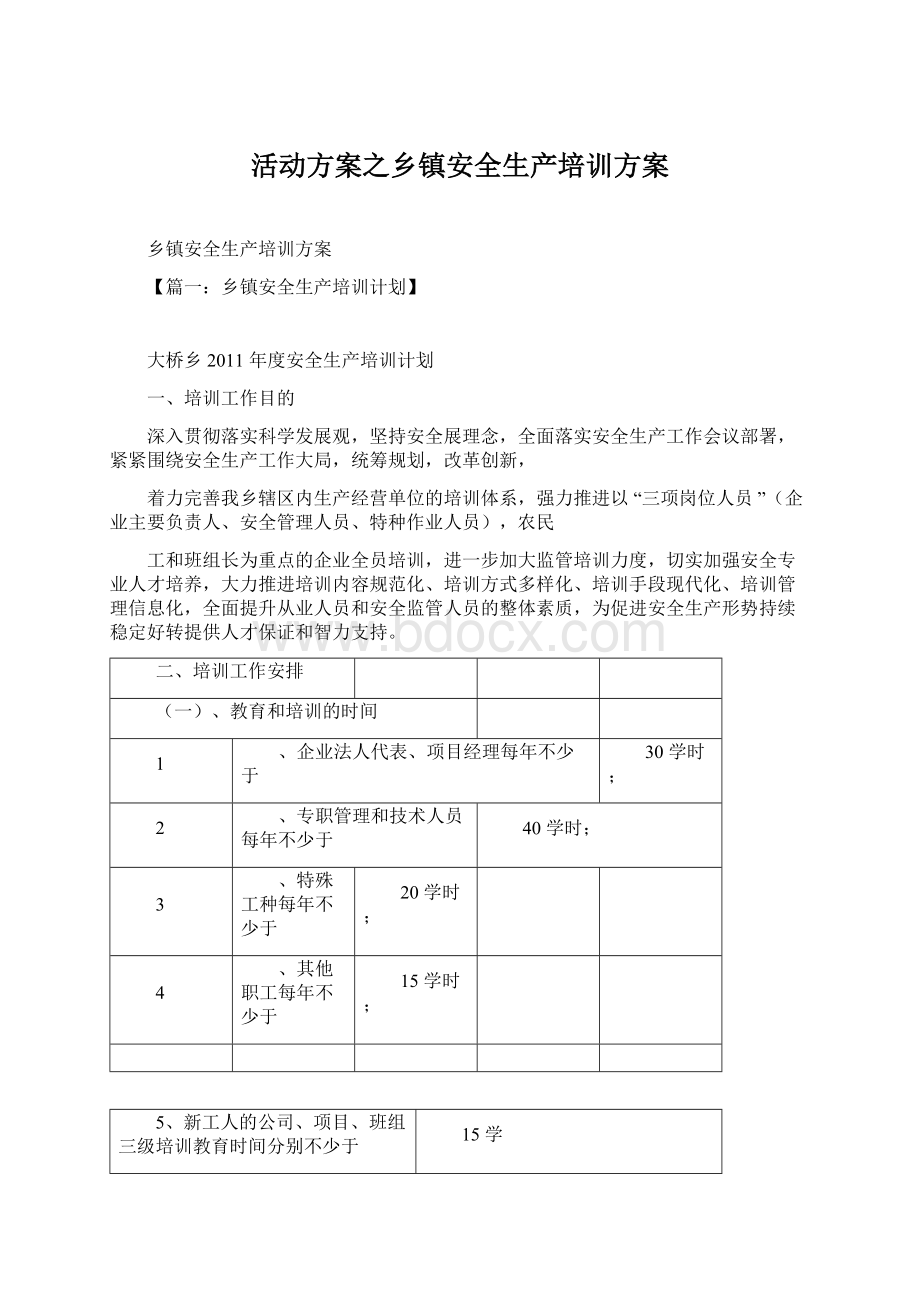 活动方案之乡镇安全生产培训方案.docx_第1页