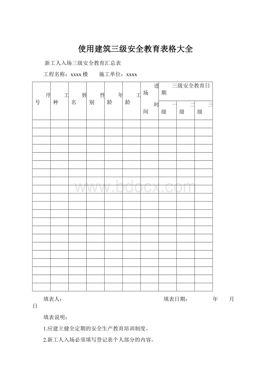 使用建筑三级安全教育表格大全Word文档格式.docx