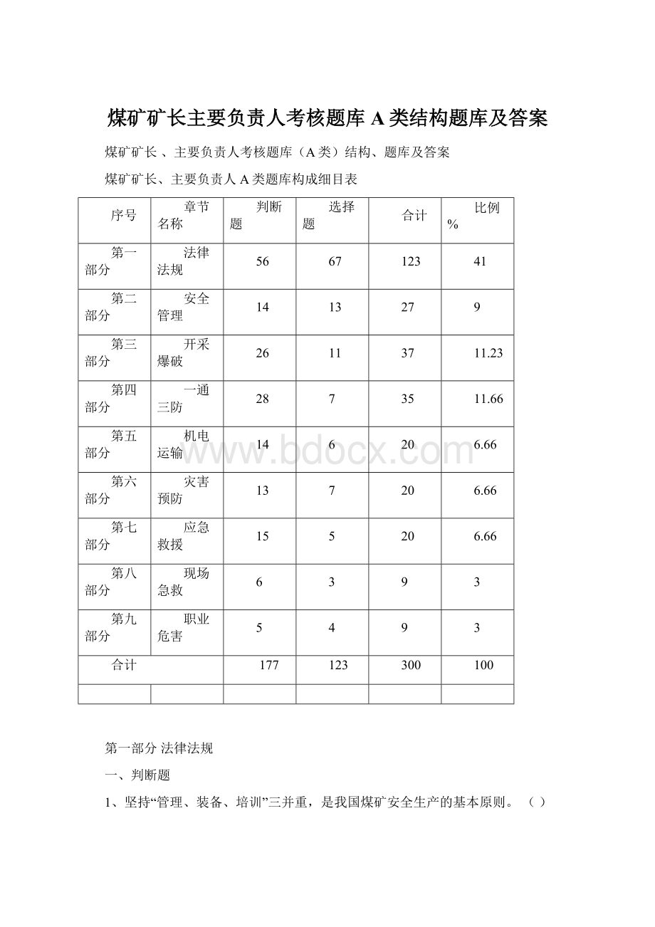 煤矿矿长主要负责人考核题库A类结构题库及答案.docx_第1页