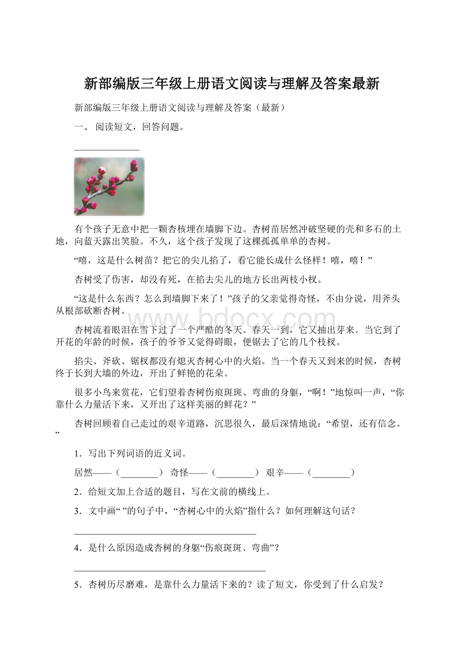 新部编版三年级上册语文阅读与理解及答案最新Word下载.docx