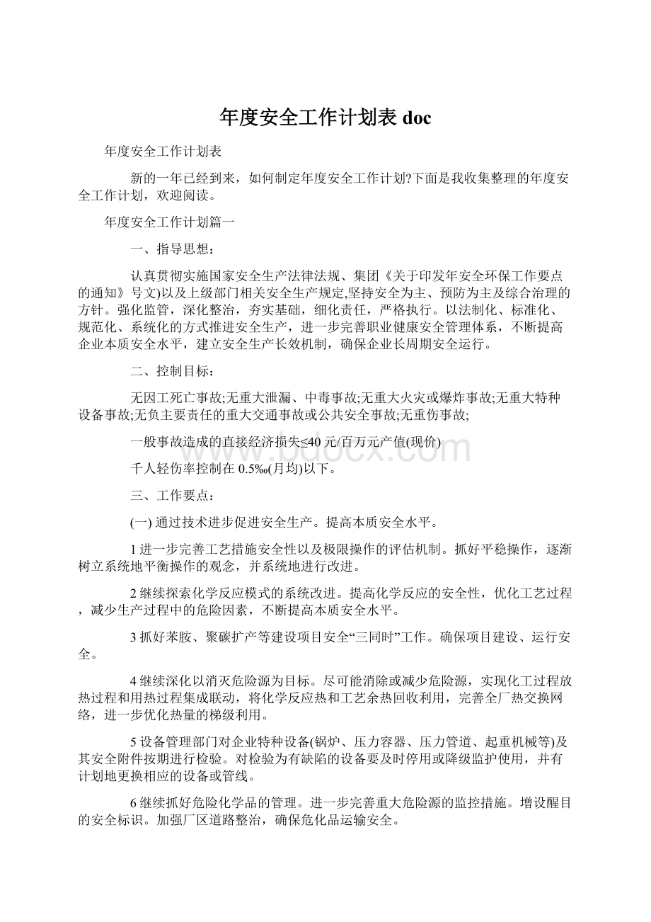 年度安全工作计划表docWord格式文档下载.docx