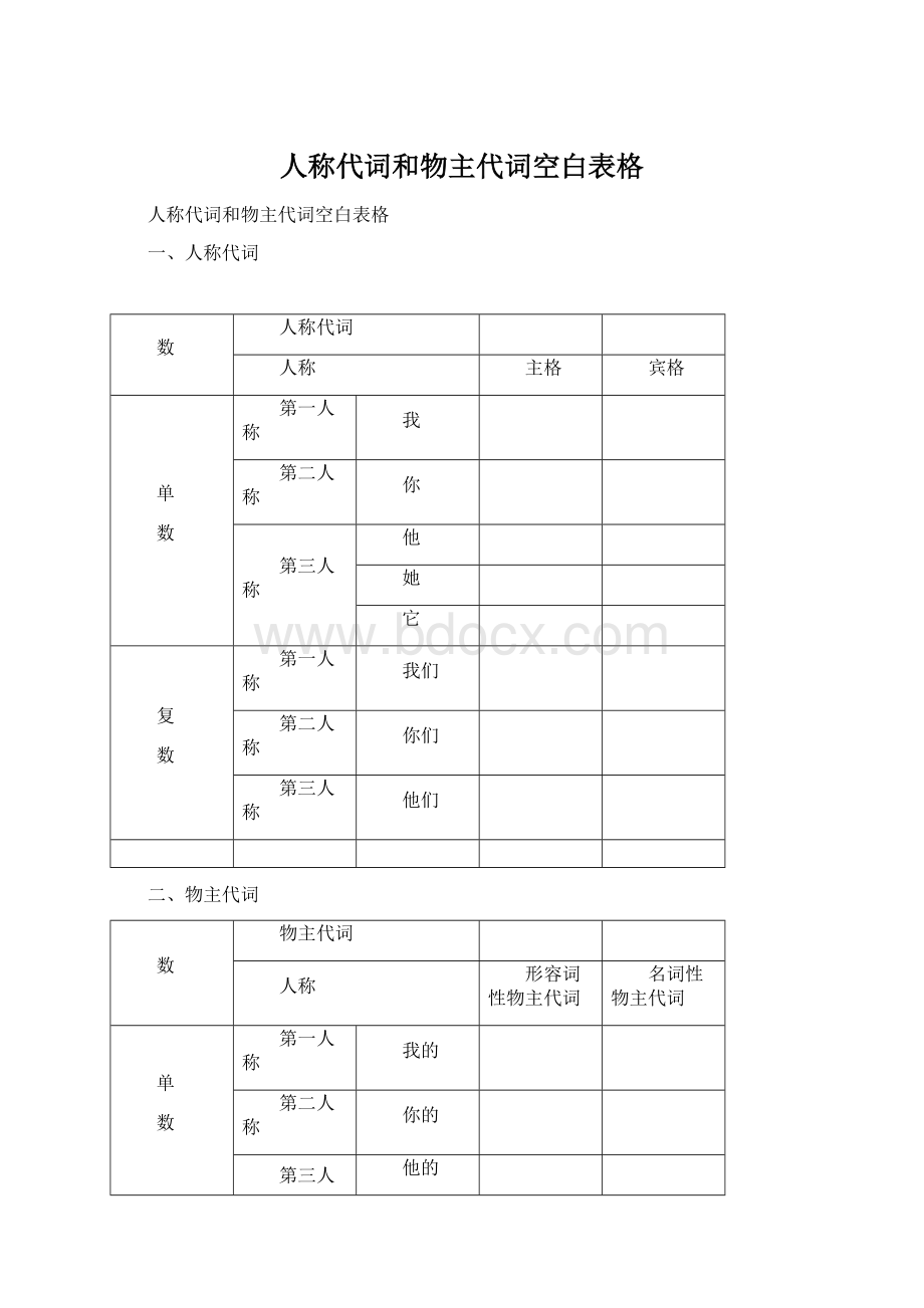 人称代词和物主代词空白表格.docx_第1页