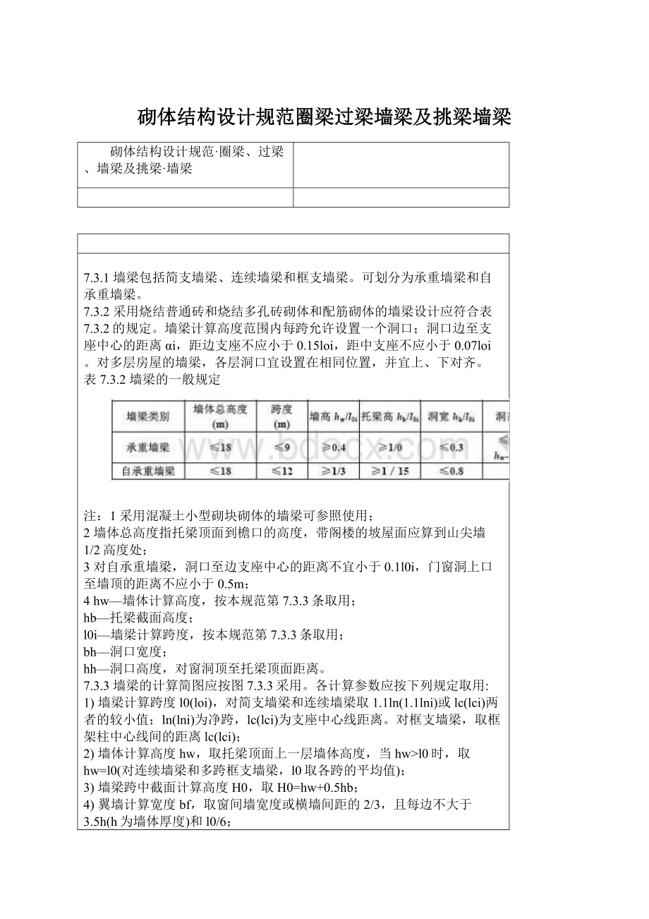 砌体结构设计规范圈梁过梁墙梁及挑梁墙梁文档格式.docx