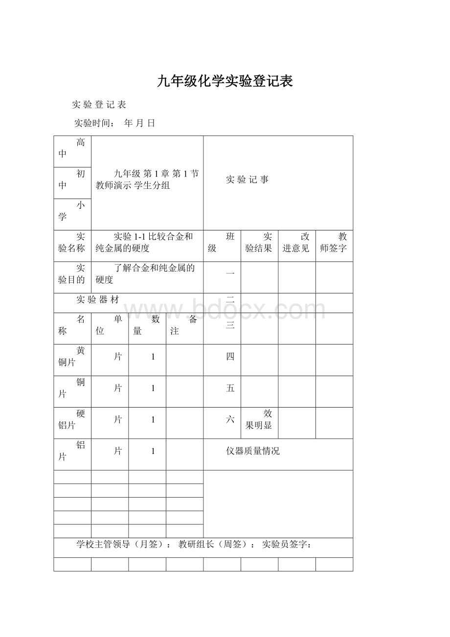 九年级化学实验登记表.docx_第1页