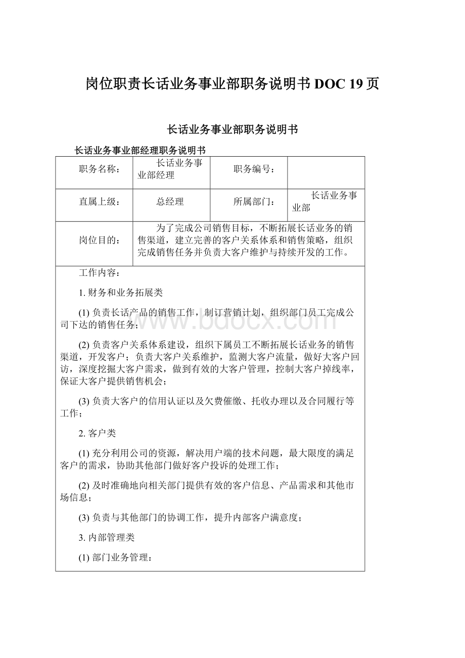 岗位职责长话业务事业部职务说明书DOC 19页.docx