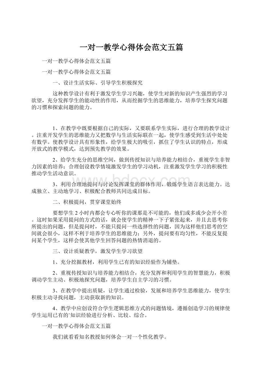 一对一教学心得体会范文五篇Word下载.docx