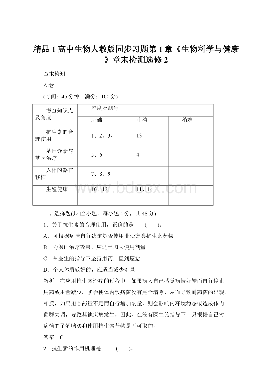 精品1高中生物人教版同步习题第1章《生物科学与健康》章末检测选修2.docx