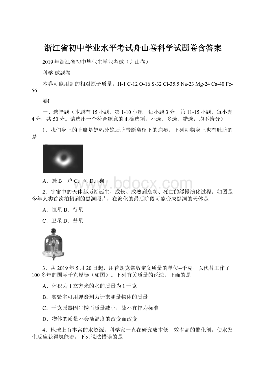 浙江省初中学业水平考试舟山卷科学试题卷含答案.docx