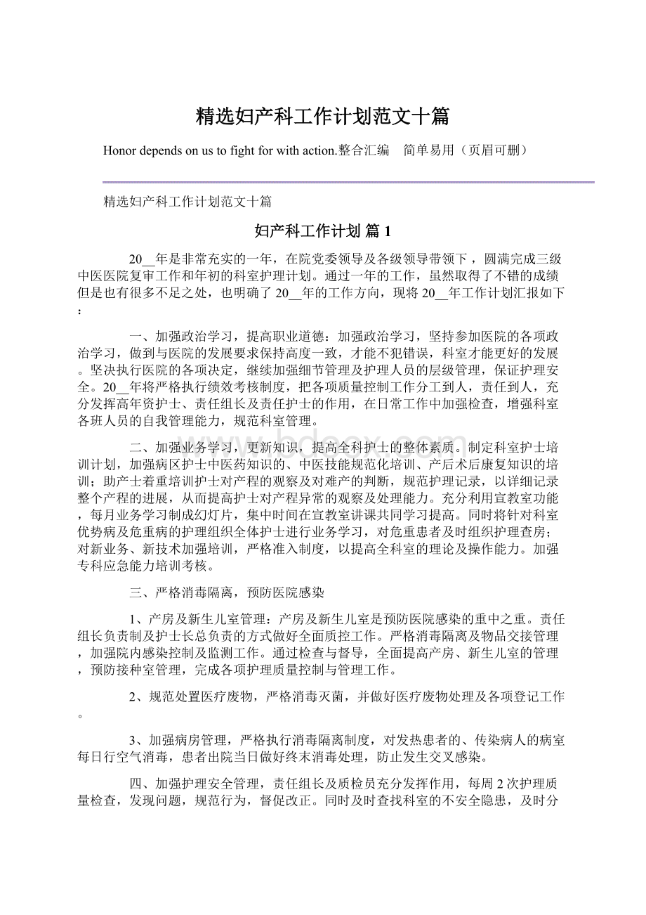 精选妇产科工作计划范文十篇Word文档格式.docx