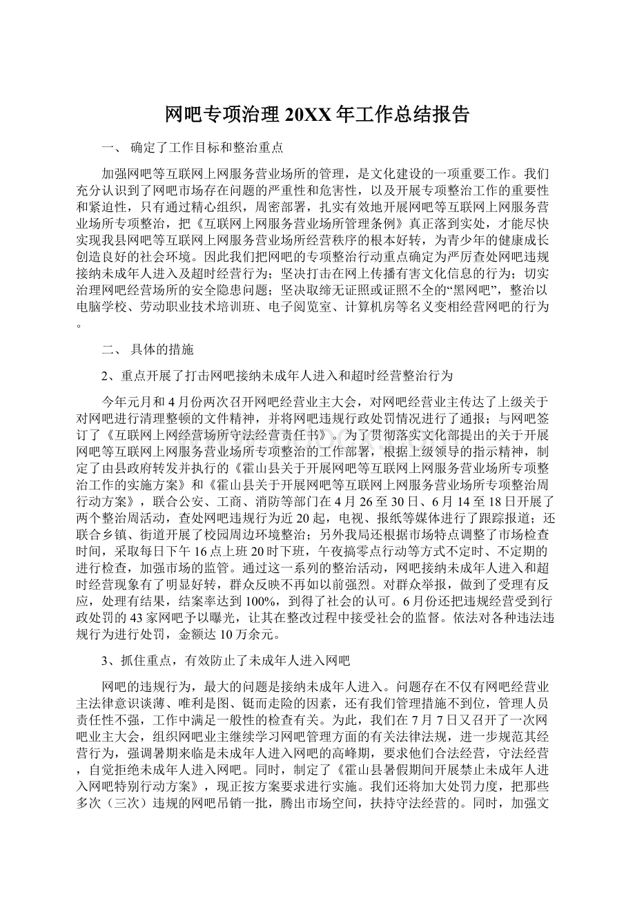 网吧专项治理20XX年工作总结报告.docx