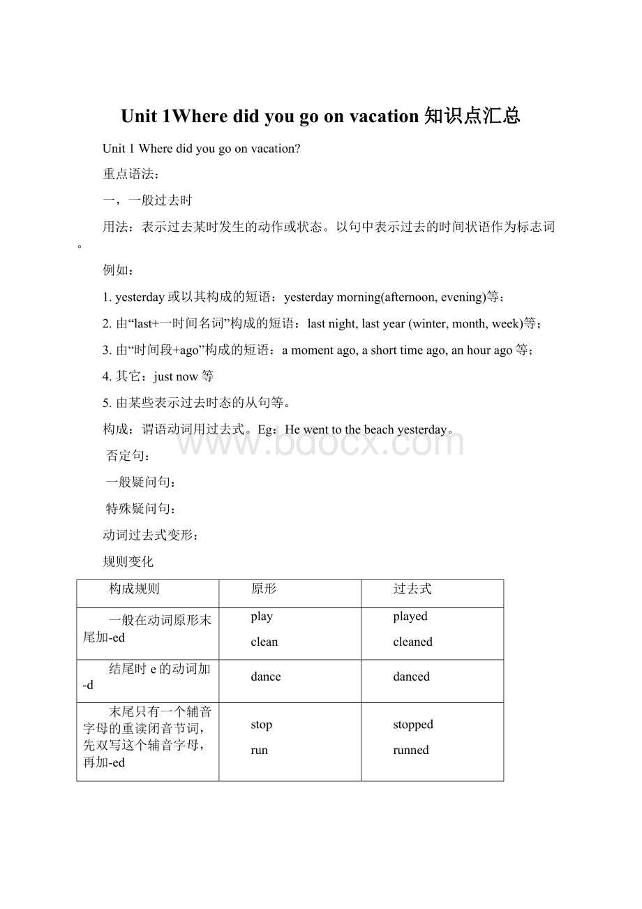 Unit 1Where did you go on vacation 知识点汇总Word文档下载推荐.docx