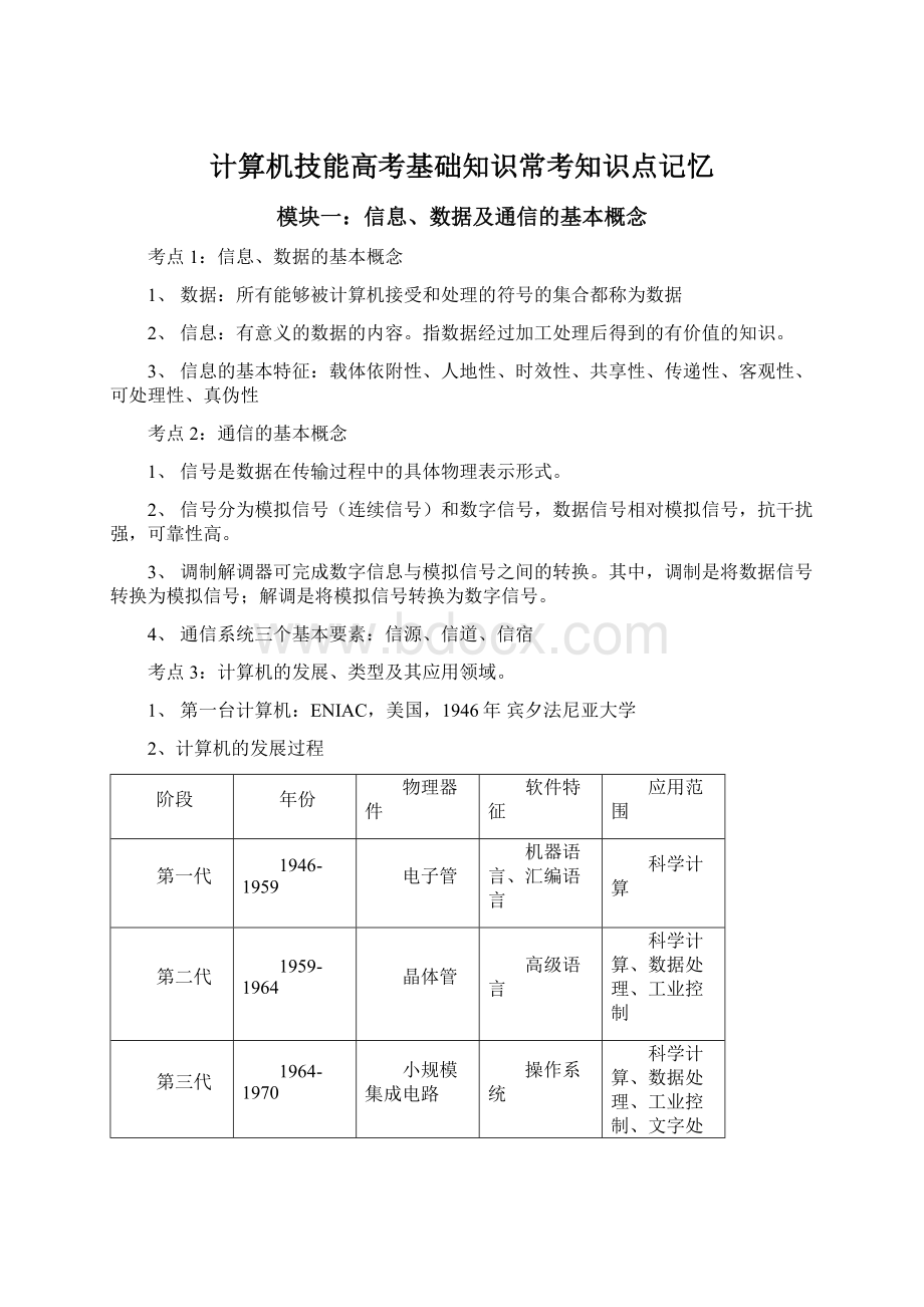 计算机技能高考基础知识常考知识点记忆.docx