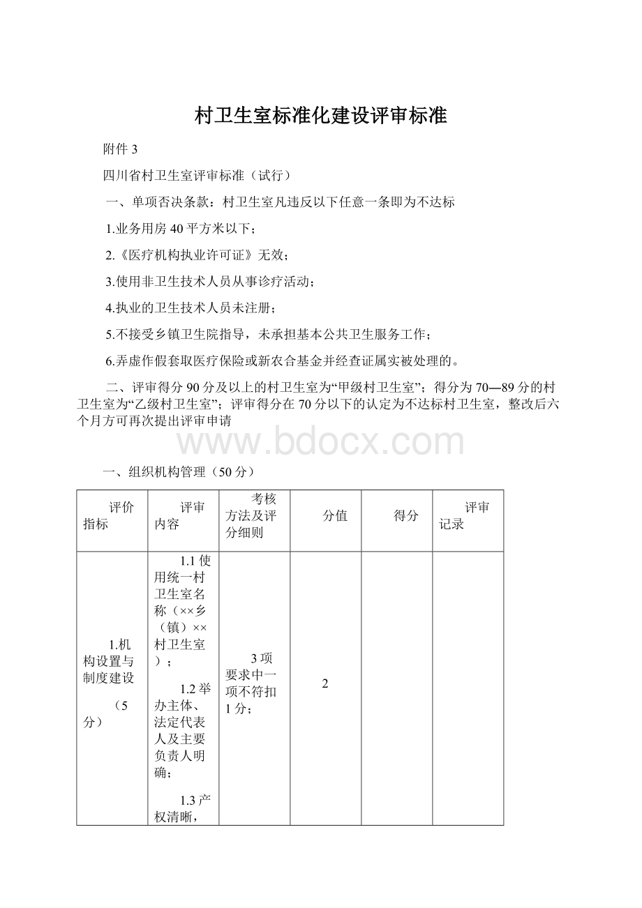 村卫生室标准化建设评审标准Word格式文档下载.docx